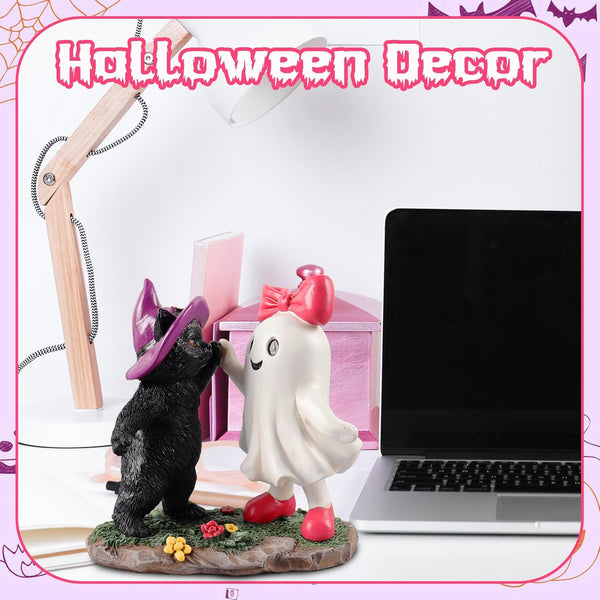 Halloween  Black Cat Pink Ghost Witch Cat Figurine