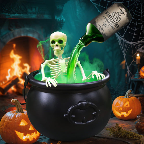 Cauldron Decor with Skeleton, Magic Floating Potion Bottles & Fog Maker