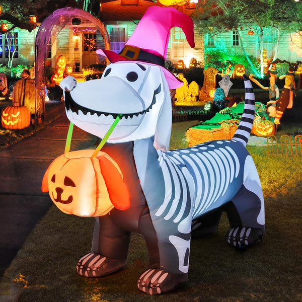 5.5 FT Halloween Inflatables Outdoor Skeleton Puppy with Build-in LEDs