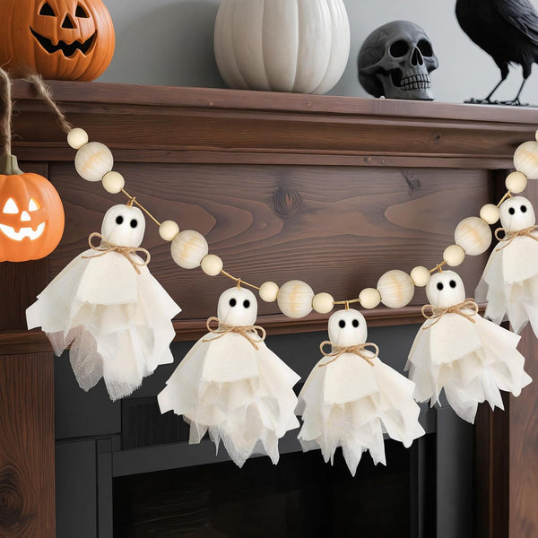 Halloween Ghost Garland with Wooden Beads, White Handmade Cute Ghost Decor