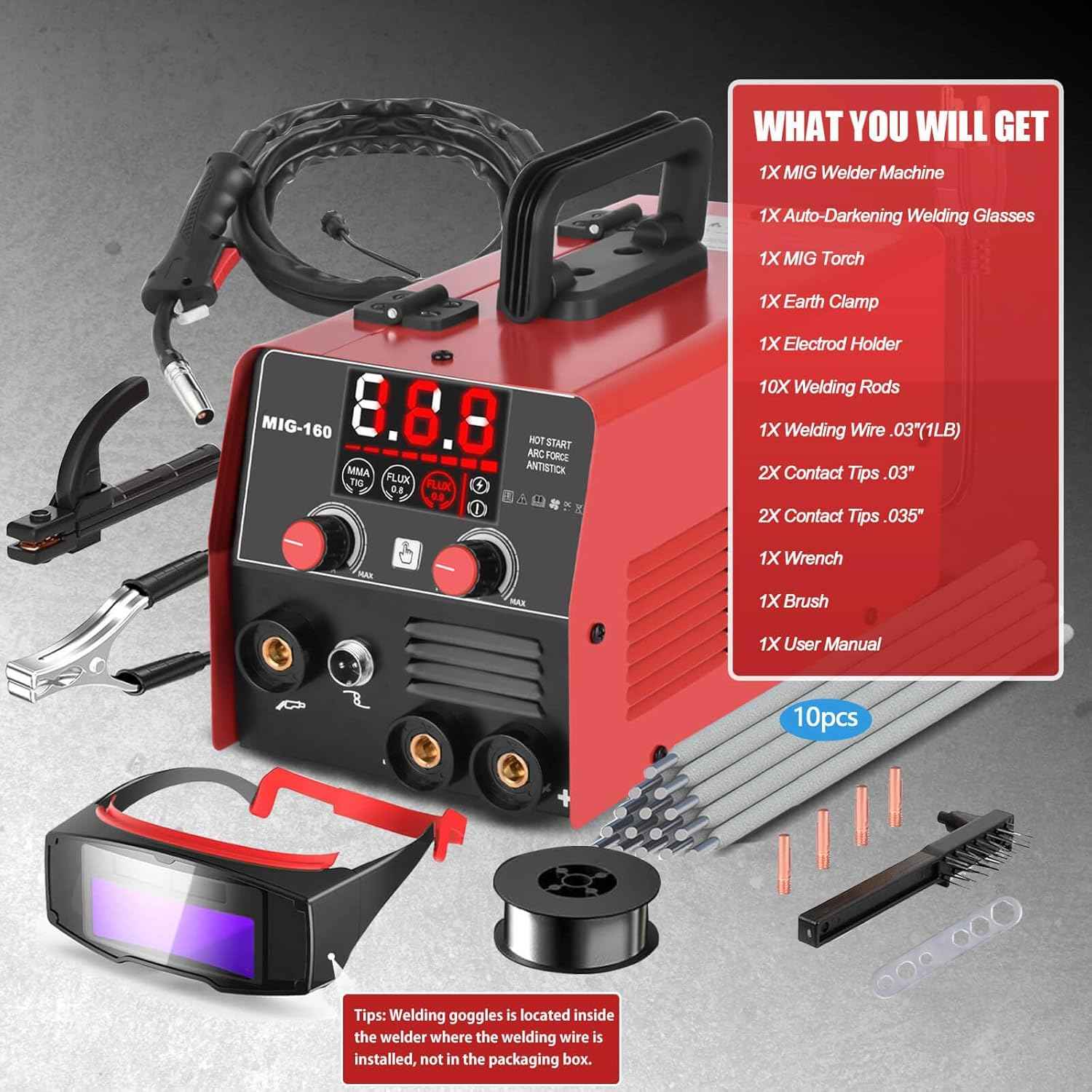 160Amp 3 IN 1 Welder, Flux Core Welder/Lift TIG/Stick Welding Machine, Auto Darkening Welding Glasses MIG Welder, Portable MINI Welder Machine 110V, Gasless MIG Welder with IGBT Inverter