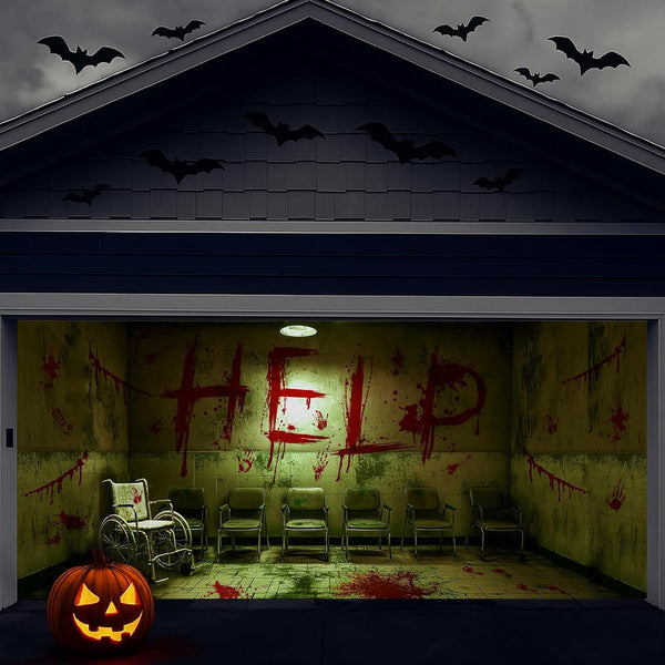 Halloween Garage Door Cover Banner Scary Bloody Wheelchair Haunted