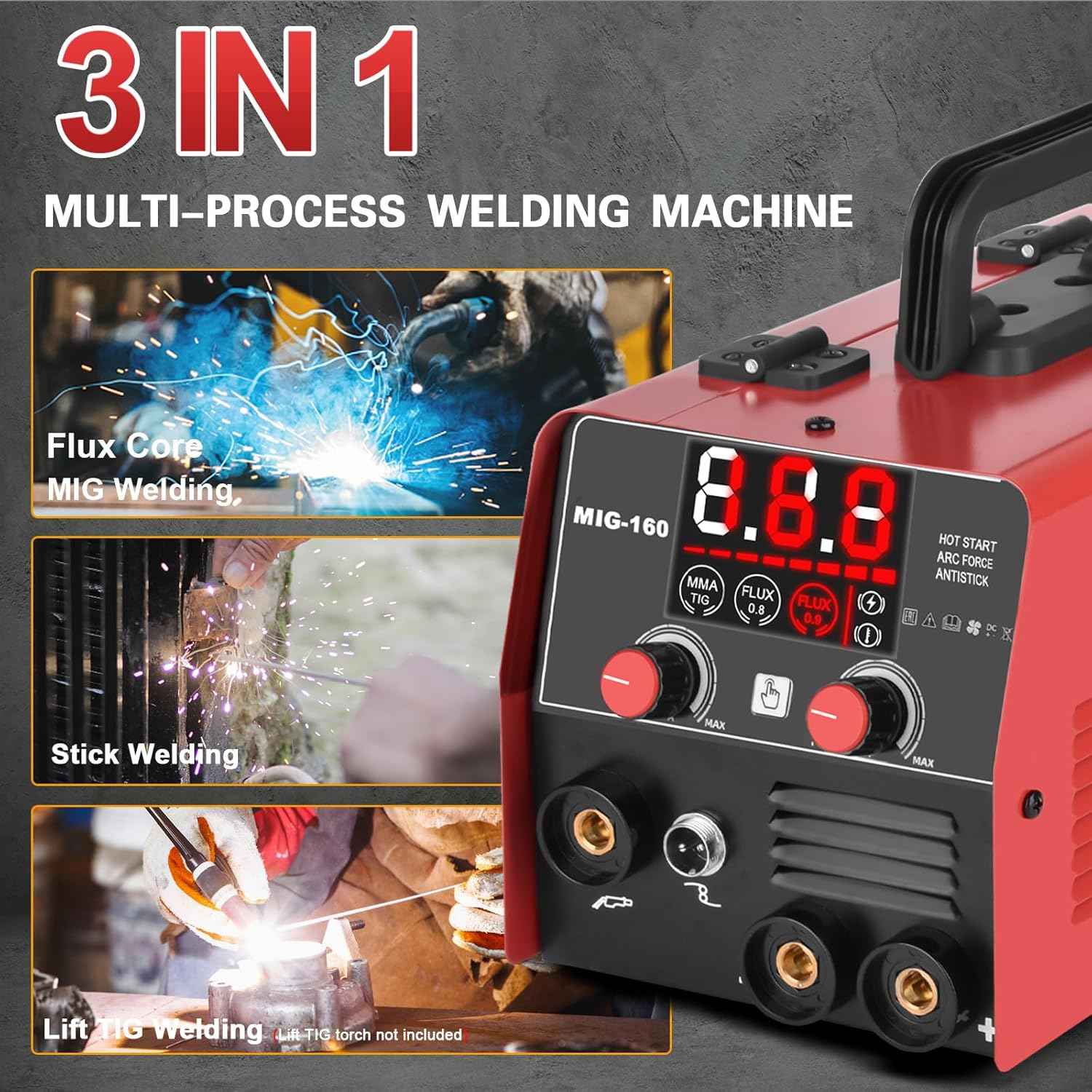 160Amp 3 IN 1 Welder, Flux Core Welder/Lift TIG/Stick Welding Machine, Auto Darkening Welding Glasses MIG Welder, Portable MINI Welder Machine 110V, Gasless MIG Welder with IGBT Inverter