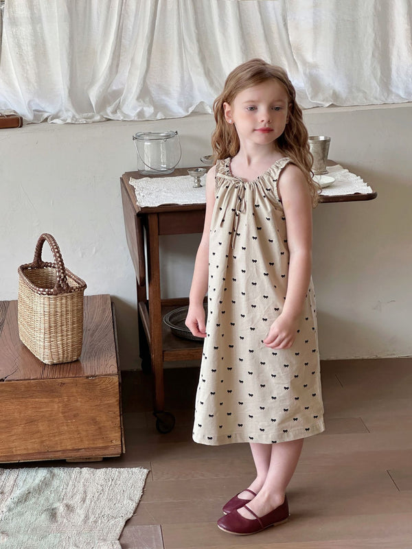 Girls Sleeveless Dress | Bow Print Drawstring Tank Sundress