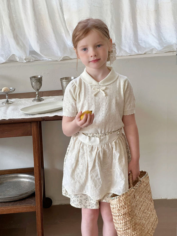 Girls Cotton T-Shirt | Hollow Knit Bow Short Sleeve Top