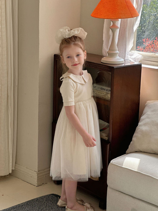 Girls Mesh Dress | Short Sleeve Knit Patchwork Princess Dress