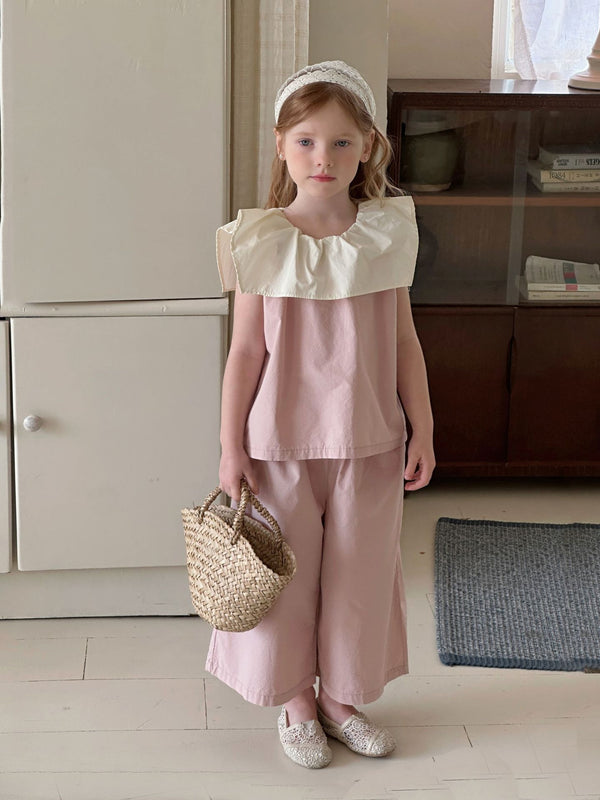 Girls Wide Leg Pants Set | Lightweight Doll Collar Top and Trousers