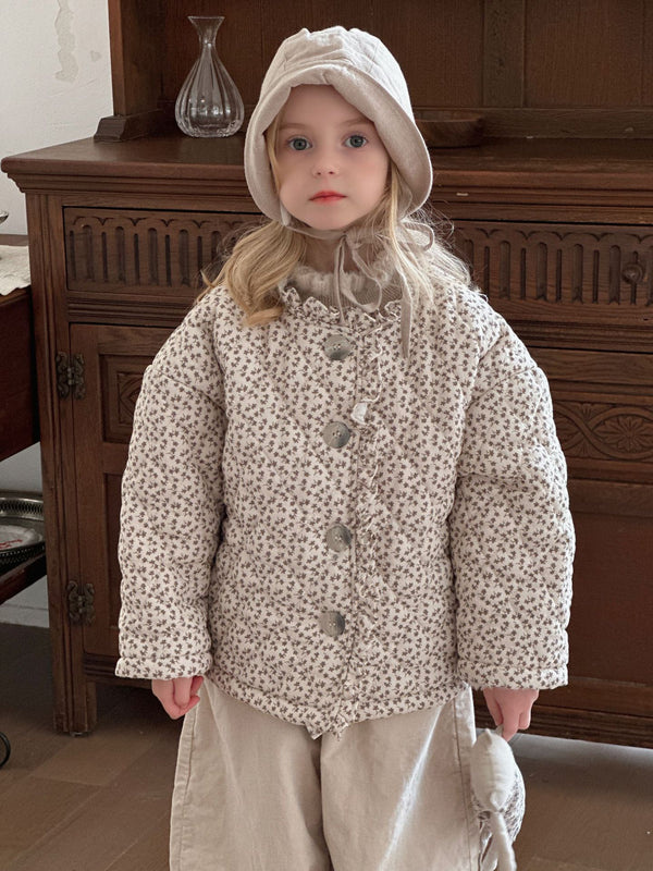 Girls Cotton Padded Jacket | Floral Trim Princess Winter Coat