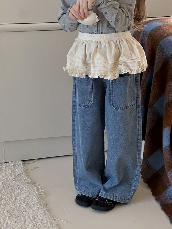 Girls Jeans | Wide Leg Denim Pants with Large Pockets