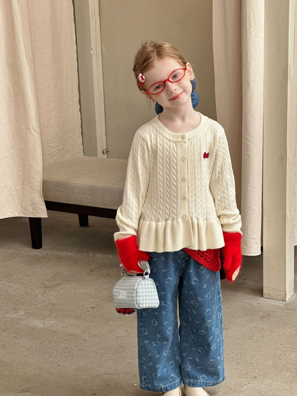 Girls crew neck sweater white knitted cardigan jacket