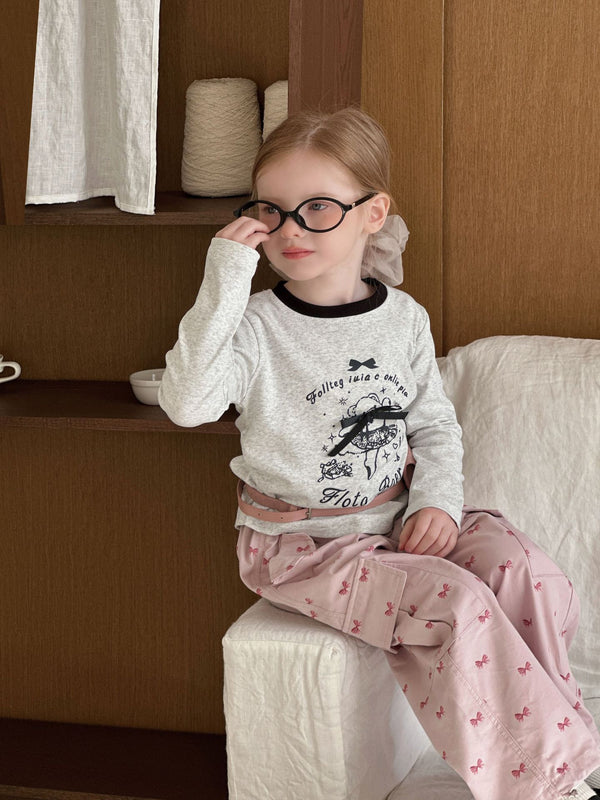 Girls Long Sleeve T-Shirt | Cartoon Print Undershirt with Bow