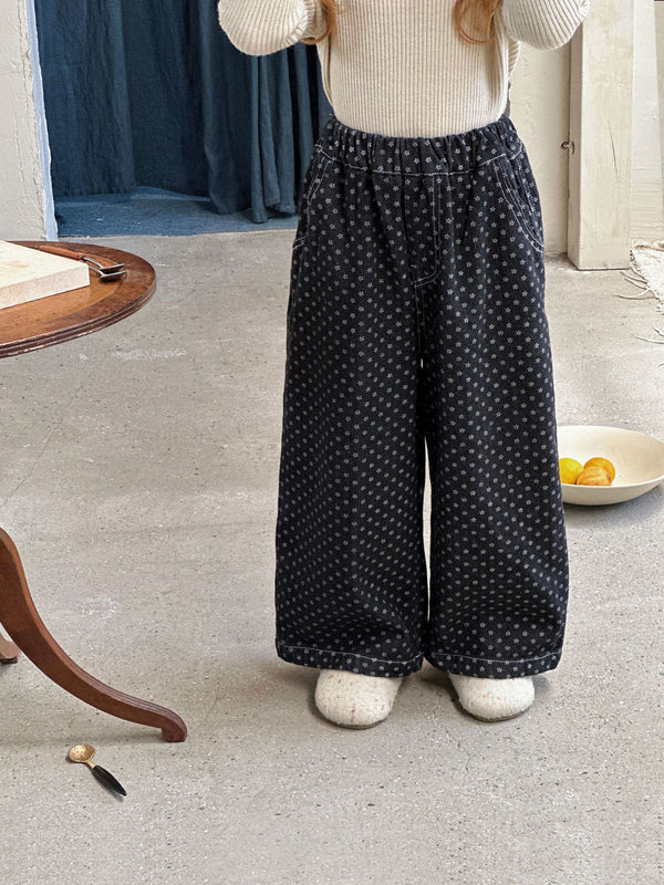 Girls Floral Jeans | Black Wide Leg Denim Pants for Kids