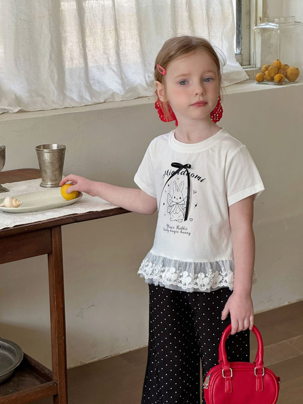 Girls Printed T-Shirt | Cartoon Rabbit Lace Short Sleeve Top