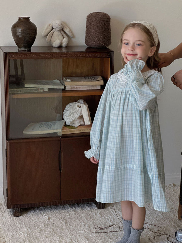 Girls Plaid Dress | Long Sleeve Lace Collar Princess A-Line