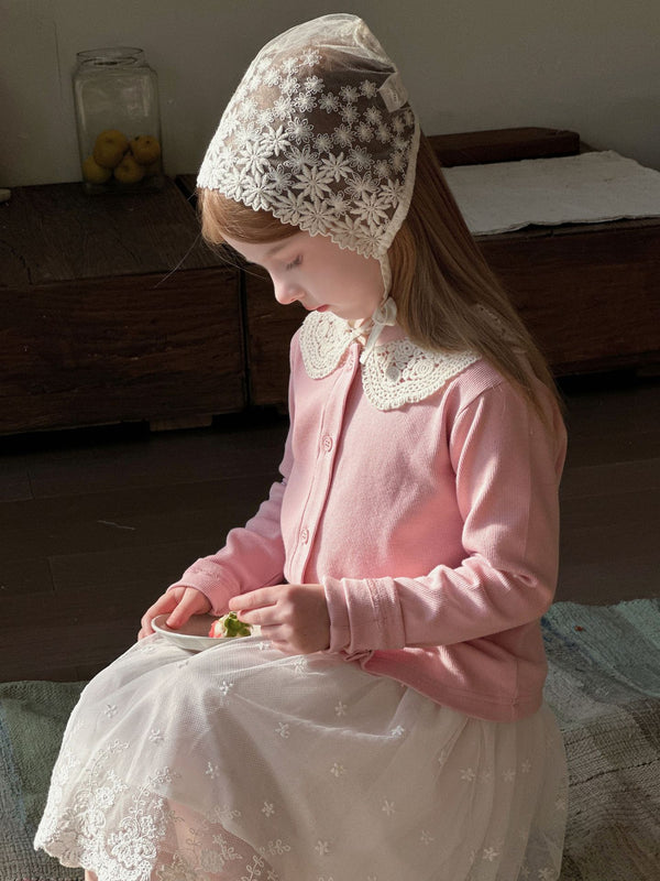 Girls Knit Cardigan | Lace Collar Ribbed Undershirt Top