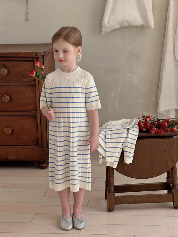 Girls Knit Outfit Set | Striped Cardigan and Pleated Dress