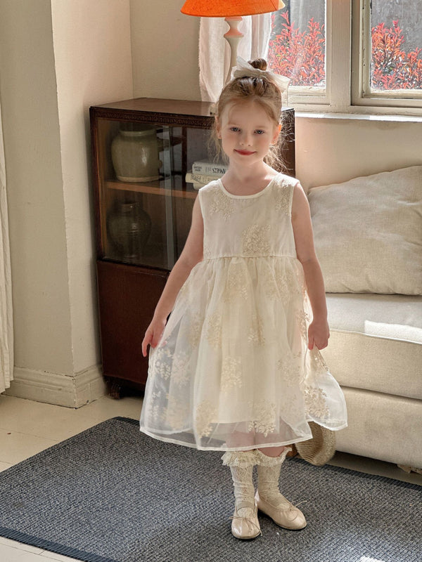 Girls Lace Dress | Sleeveless Embroidered Mesh Princess Dress