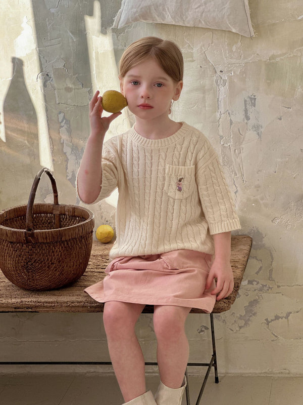 Girls Knit T-Shirt | Cartoon Embroidered Short Sleeve Top
