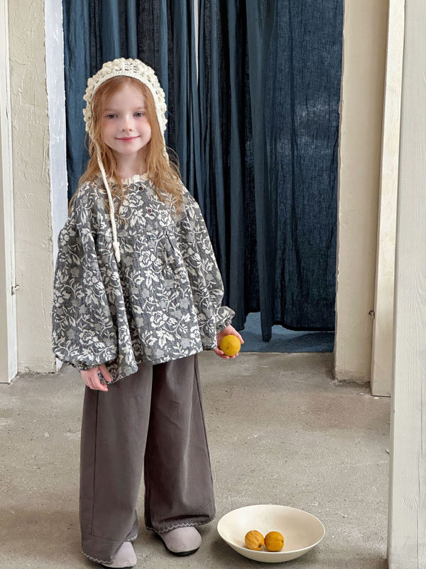 Children's Lace Collar Cotton and Linen Shirt Long Sleeve Printed Top