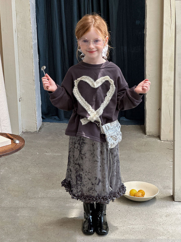 Girls Sweatshirt | Heart Lace Ribbon Pullover Top