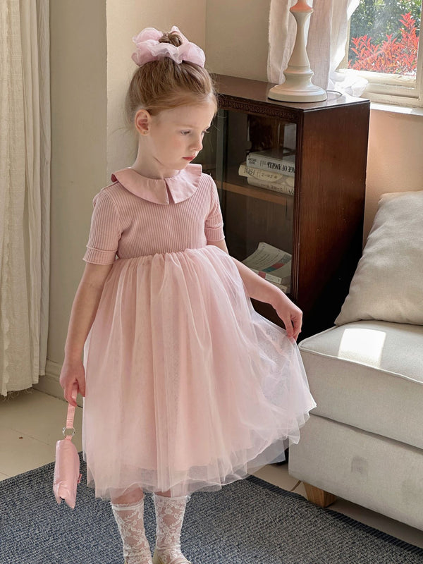 Girls Princess Dress | Mesh Patchwork Gown with Petal Collar