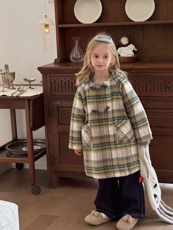 Girls Wool Coat | Hooded Padded Mid-Length Winter Jacket