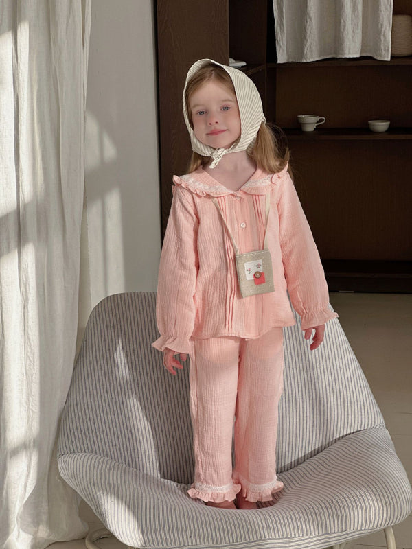 Girls Cotton Pajama Set | Lace Trim Long Sleeve Loungewear