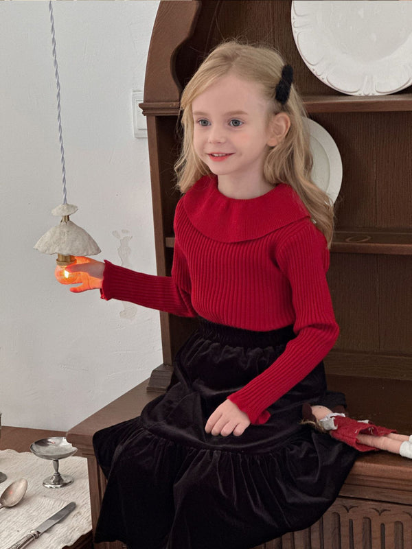 Girls Knit Sweater | Ruffle Collar Pullover Undershirt
