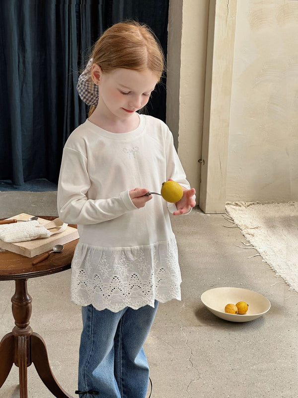 Girls Lace T-Shirt | Long Sleeve Undershirt with Bow Trim