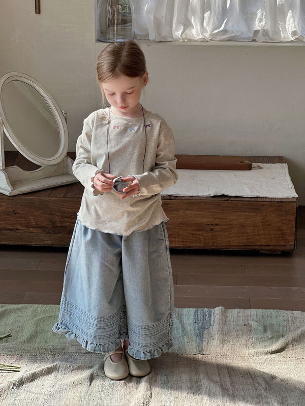 Girls Wide Leg Jeans | Ruffle Hem Cropped Denim Pants