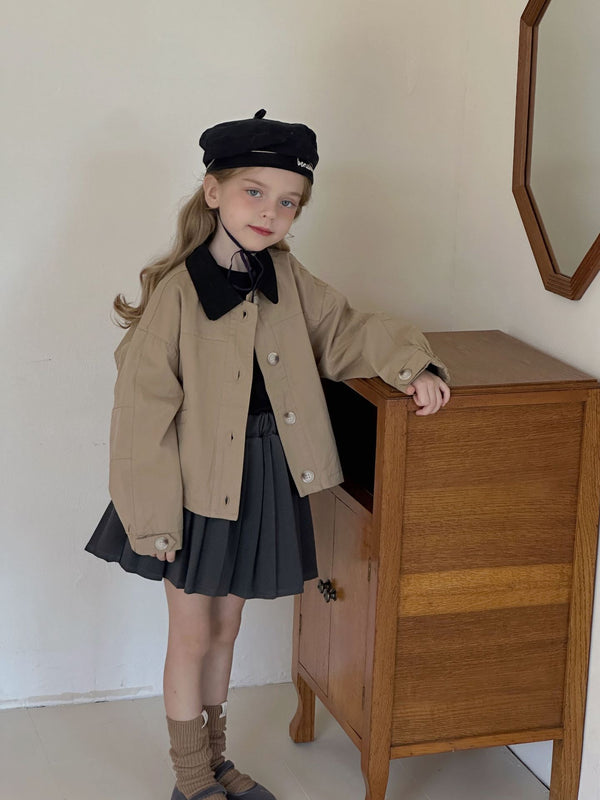 Girls Khaki Cotton Coat | Color Block Lapel Jacket Top