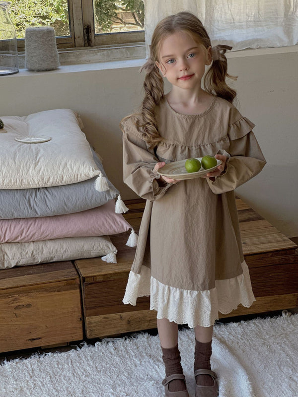 Girls Lace Princess Dress | Long Sleeve Ruffle Party Dress