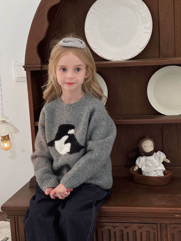 Girls Wool Sweater | Cartoon Crew Neck Knit Pullover