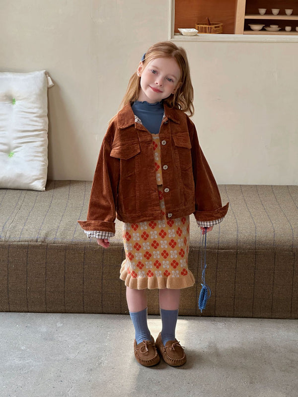 Girls Corduroy Jacket Plaid Lapel Top