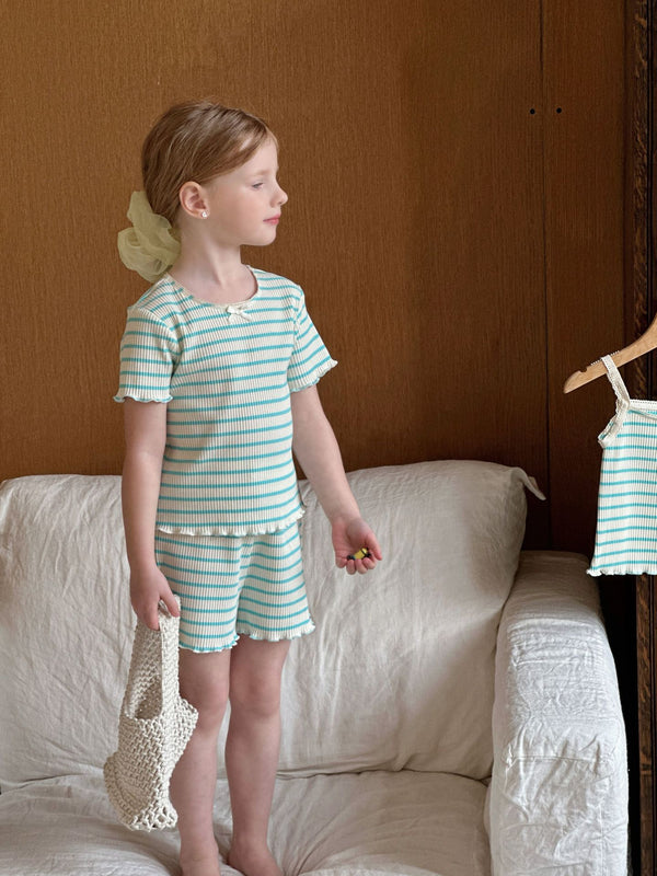 Girls Striped Outfit Set | Knit Tank Top and Shorts Three-Piece