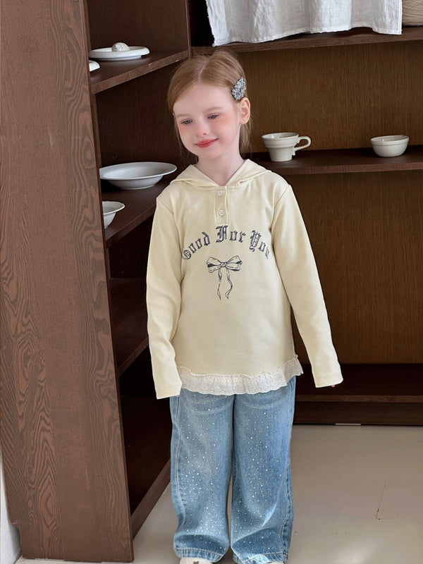 Girls Hooded Sweatshirt | Bow Print Lace Trim Top