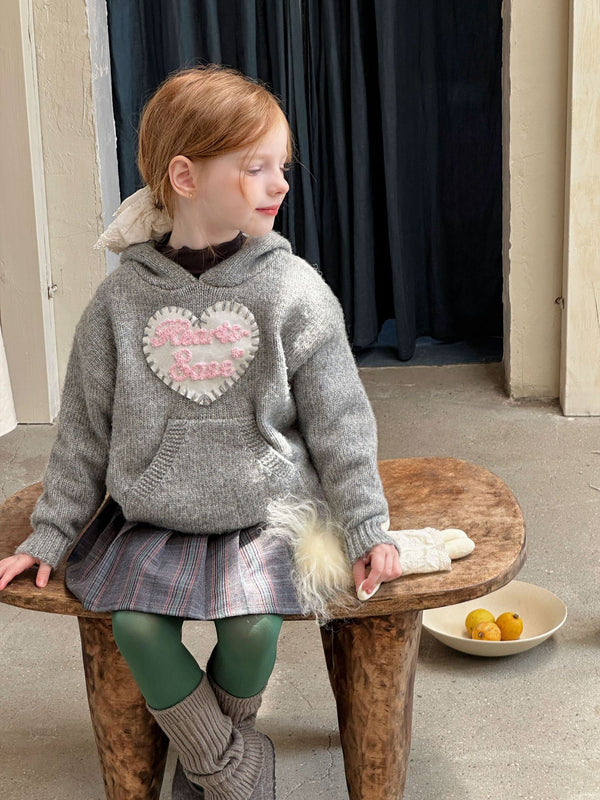 Girls Hooded Sweater | Heart Embroidered Knit Jacket