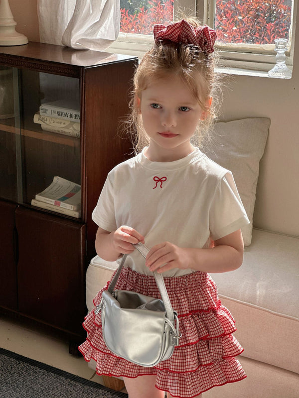 Girls Outfit Set | Embroidered Bow T-Shirt and Plaid Shorts